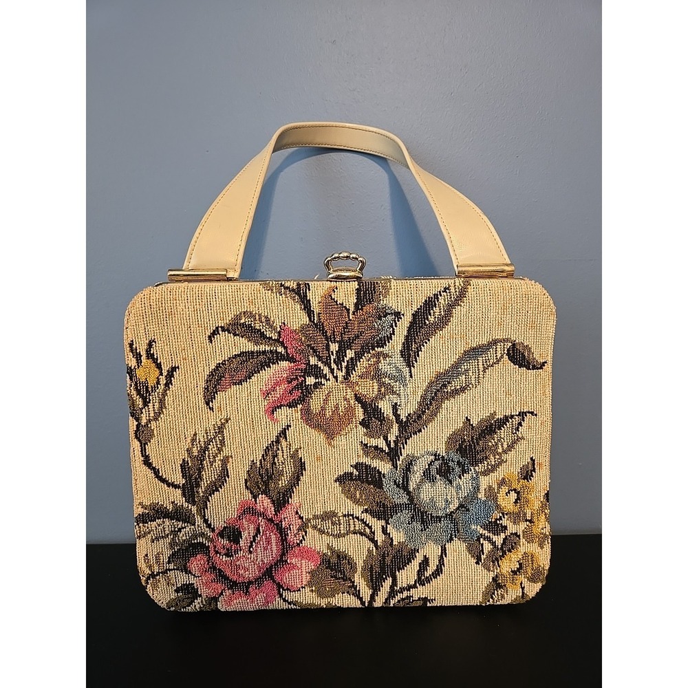 Vintage‎ Purse Handbag Floral Tapestry Needlepoint Crewel Carpet Bag
